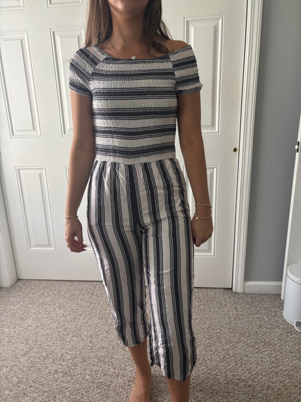 abercrombie kids Black and White Horizontal Smocked jumpsuit